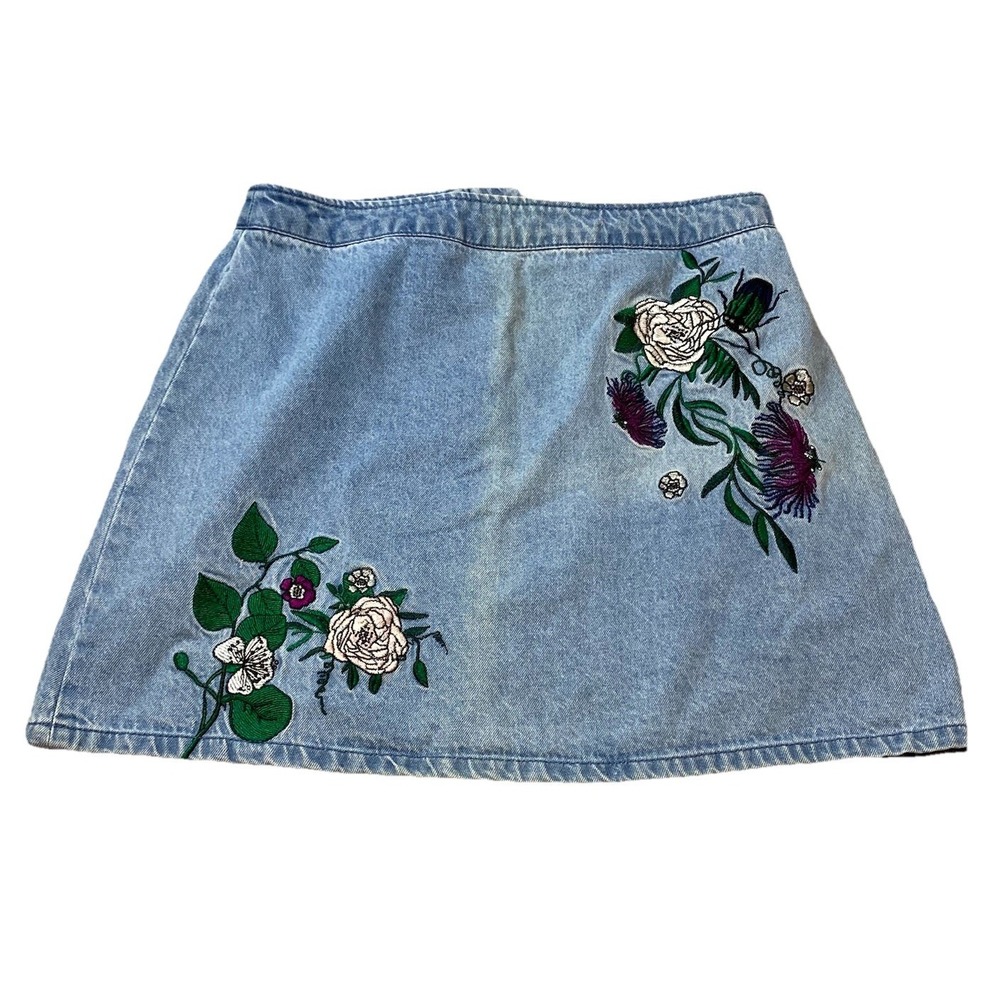 H&M Coachella Collection Embroidered Floral Festival Denim Mini Skirt Size 8